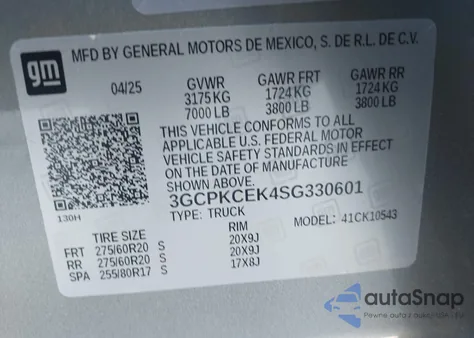 2025 Chevrolet Silverado 1500 4Wd Short Bed Custom Trail Boss z USA, uszkodzony, nr VIN 3GCPKCEK4SG330601